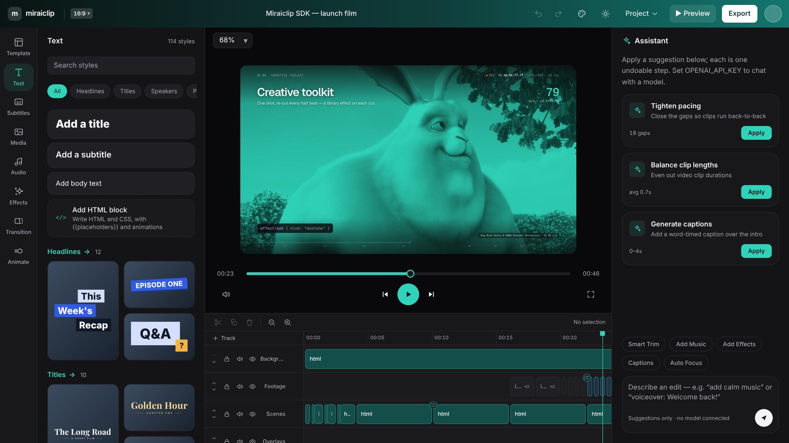 The Miraiclip editor in its default dark theme: text styles panel, preview, multi-track timeline and AI assistant