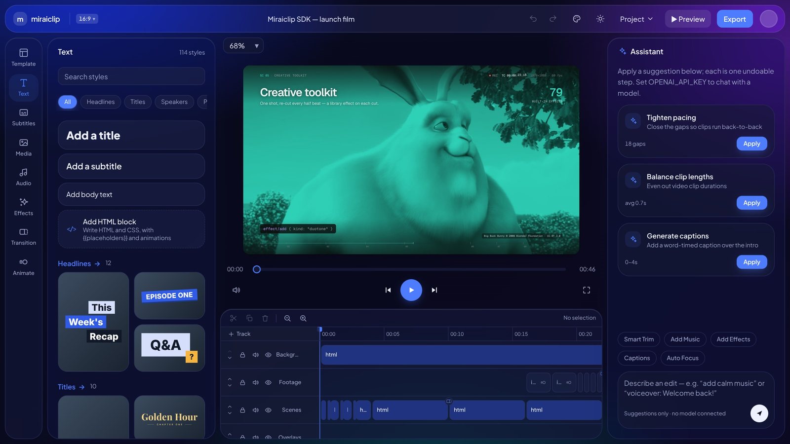 The editor in the Glassmorphism dark theme
